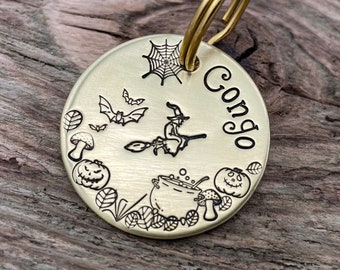 Etiqueta de perro espeluznante, etiqueta de perro de calabaza de Halloween, etiqueta de perro para perros personalizada, etiqueta de perro de metal de doble cara con 2 números de teléfono o dirección