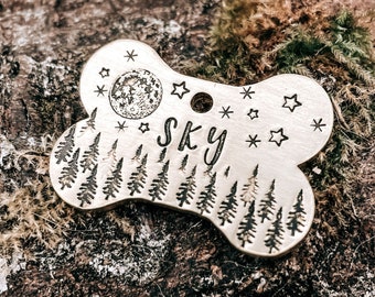 Bone dog id tag engraved hand stamped moon dog tag with trees double-sided with phone numbers or microchipped dog tag for dogs personalized