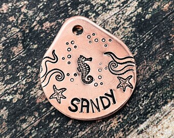 Small dog tag for dogs, ocean teardrop pet tag hand stamped with seahorse, double-sided dog tag with up to 2 phone numbers or microchipped