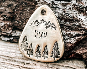 Guitar pick dog tag, mountain dog tag with trees, double-sided dog tag with phone number or microchipped, dog tag for dogs personalized