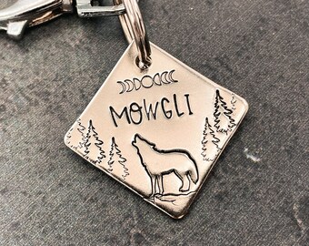 Square dog name tag with howling wolf, hand-stamped small metal pet tag , 2-sided with up to 2 phone numbers or microchipped, custom dog tag