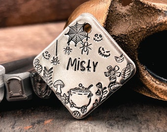 Halloween dog tag for dogs personalized spooky pet name tag with spiders and cauldron with 2 phone numbers handmade dog gift idea