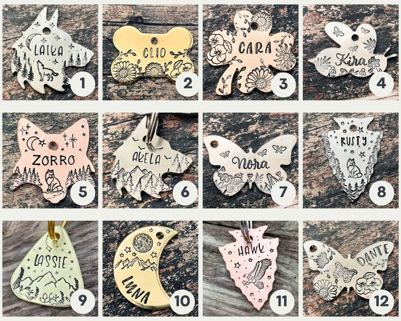 hand-stamped dog tags in 12 design variations