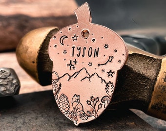 Fall dog tag acorn with mountain and fox design, engraved custom pet id tag for dogs hand-stamped mountain dog tag with 2 phone numbers