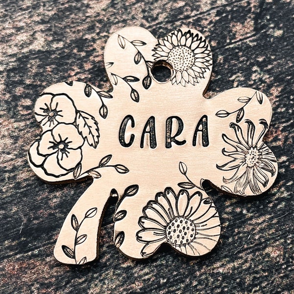 Shamrock pet tag engraved flower dog tag hand stamped dog id tag with up to 2 phone numbers or microchipped girl dog tag dog gift idea