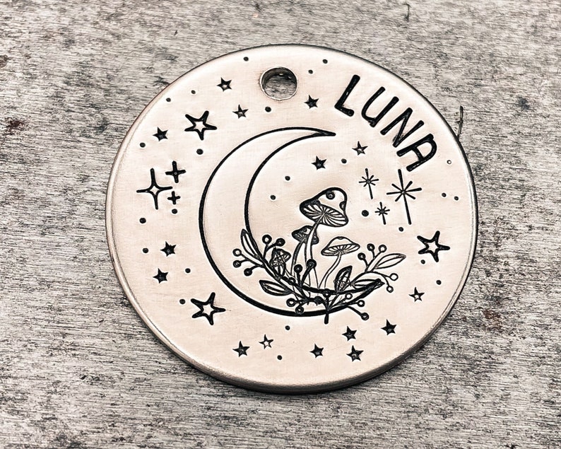 Moon dog tag engraved with mushroom design dog tag for dogs personalized double-sided metal dog tag with 2 phone numbers handmade gift idea image 3