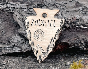 Pet id tag, arrowhead dog tag, with mountains and moon