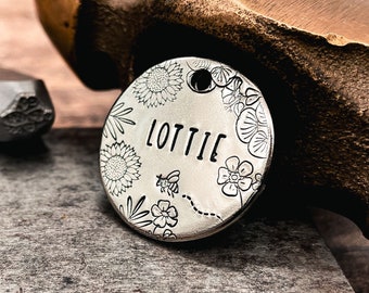 Engraved dog tag personalized flower bee pet name tag copper brass nickel silver 2 phone numbers cute dog collar charm handmade dog gift