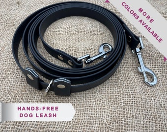 May include: Black hands-free dog leash with a silver clip and two D-rings.  The leash is made of a thick, durable material and is designed to be comfortable for both you and your dog.  More colors available.