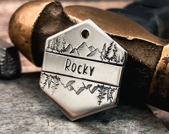 Hexagon dog name tag, engraved dog tag for dogs, hand-stamped mountain dog tag with trees, up to 2 phone numbers or address on the back