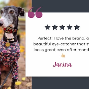 May include: A greyhound dog wearing a floral print jumpsuit and a decorative collar with a gold tag. The dog is on a leash. Text on the right says "Perfect! I love the brand, a beautiful eye-catcher that still looks great even after months" and "Janina".