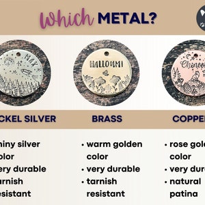 May include: Image showing three metal pet tags with engraved designs. The tags are nickel silver, brass, and copper. The nickel silver tag has a rocket ship and forest design. The brass tag has a floral design. The copper tag has a fox design.
