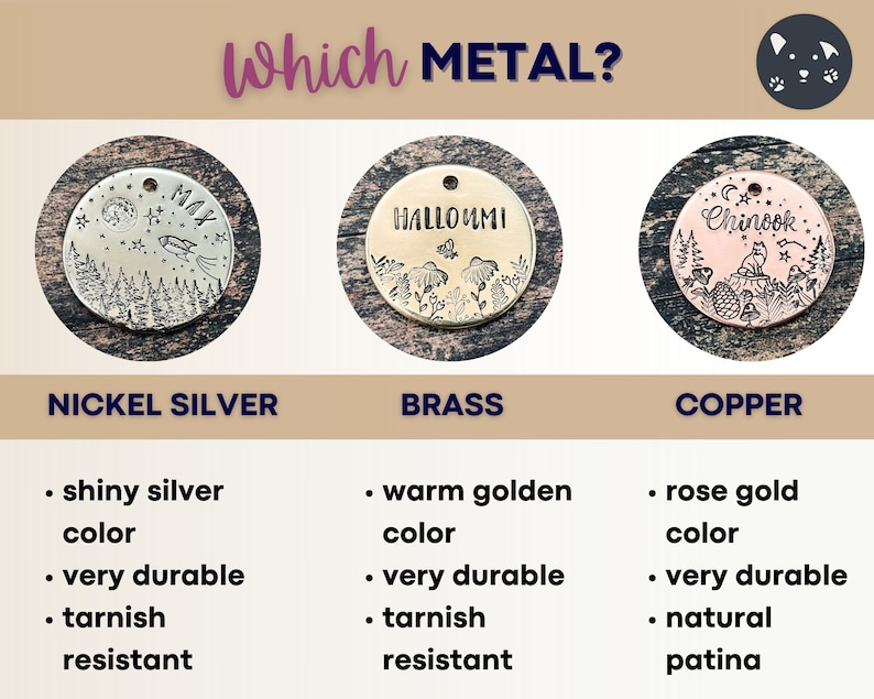 May include: Image showing three metal pet tags with engraved designs. The tags are nickel silver, brass, and copper. The nickel silver tag has a rocket ship and forest design. The brass tag has a floral design. The copper tag has a fox design.
