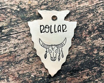 Arrowhead dog tag, dog tag for dogs personalized with up to 2 phone numbers, dog gift idea, hand-stamped metal pet tag with boho longhorn