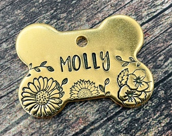 Bone dog tag engraved flower girl dog tag hand-stamped pet id tag for dogs with phone numbers custom dog gift brass copper nickel silver