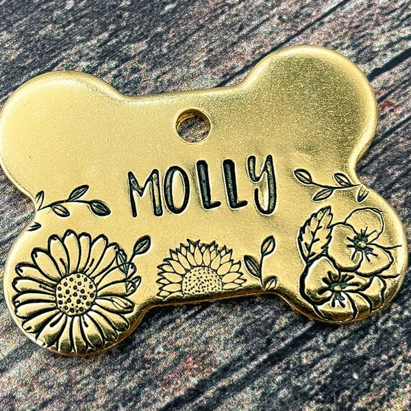 Bone dog tag engraved flower girl dog tag hand-stamped pet id tag for dogs with phone numbers custom dog gift brass copper nickel silver