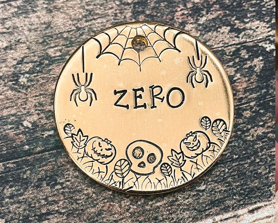 Halloween dog tag, spooky dog tag with cobweb, dog tag for dogs personalized, hand-stamped metal pet tag with 2 phone numbers or address