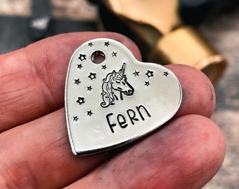 Heart dog tag cute small pet tag for dogs, girl dog tag with unicorn and stars, double-sided dog tag with phone number, personalized dog tag