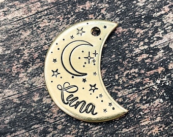 Moon dog tag, hand-stamped dog tag with crescent moon and stars, double-sided dog tag with 2 phone numbers, cute dog name tag personalized