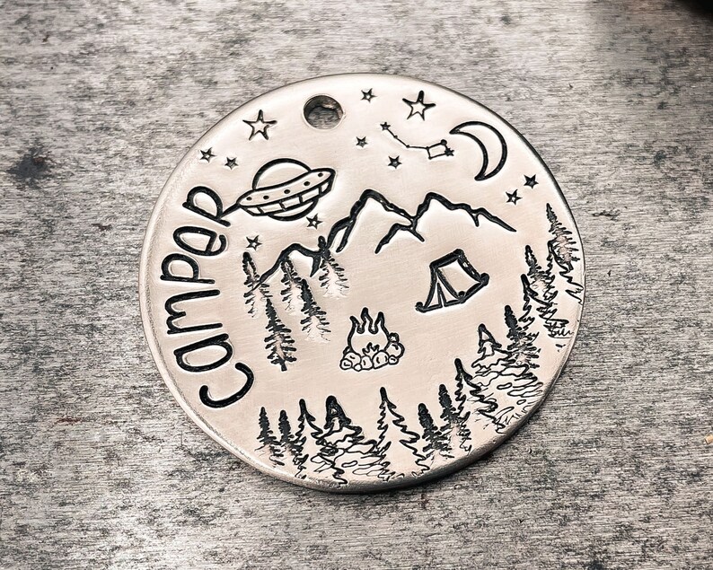 Camping dog tag, dog Christmas gift, ufo dog id tag, double-sided pet tag with 2 phone numbers or address, dog tag for dogs personalized image 3