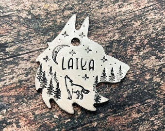 Wolf dog tag engraved custom dog tag personalized with 2 phone numbers hand stamped pet id tag with wolf design handmade dog gift idea