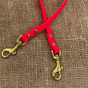 May include: A bright pink dog lead with gold metal clasps. The lead has a smooth, rubbery texture and is accented with gold dots.
