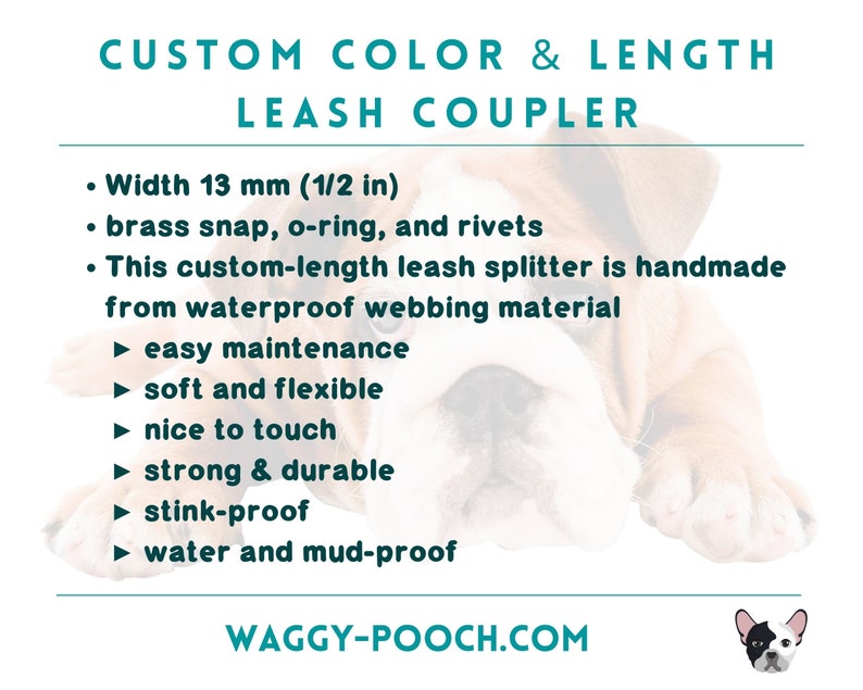 May include: Custom colour and length leash coupler made from waterproof webbing material. Features a brass snap, o-ring, and rivets. Width: 13 mm (1/2 in). WAGGY-POOCH.COM