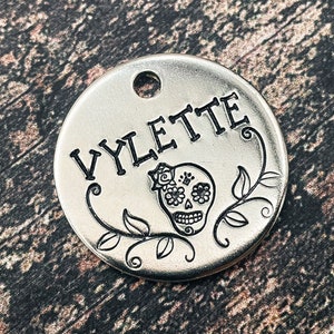 Skull dog tag, cute dog tag for dogs personalized, girl pet id tag, hand-stamped dog tag with 2 phone numbers, metal dog tag sugar skull