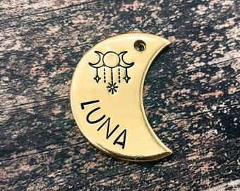 Moon dog tag, microchipped dog tag hand stamped with magic moons, double-sided dog tag with phone number, dog tag for dogs personalized
