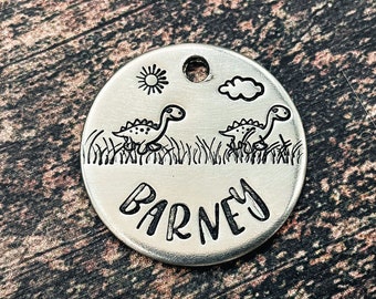 Custom dog tag, cute dog collar tag with phone numbers, puppy tag, personalized dog id tag hand-stamped with dinosaur, dog gift idea