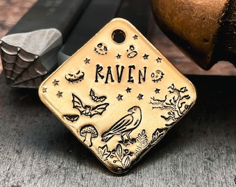 Halloween dog tag for dogs personalized spooky pet name tag with bats and raven 2 phone numbers handmade dog gift idea