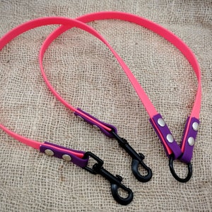 May include: Two neon pink dog leads with purple and pink detailing. Each lead has a black metal clip and is attached to a purple and pink handle with silver rivets. The leads are shown on a textured, beige surface.