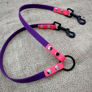 May include: A purple and pink dog lead with black metal clasps and a black metal ring. The lead is made of a flexible, durable material. The pink accents are secured with silver rivets.
