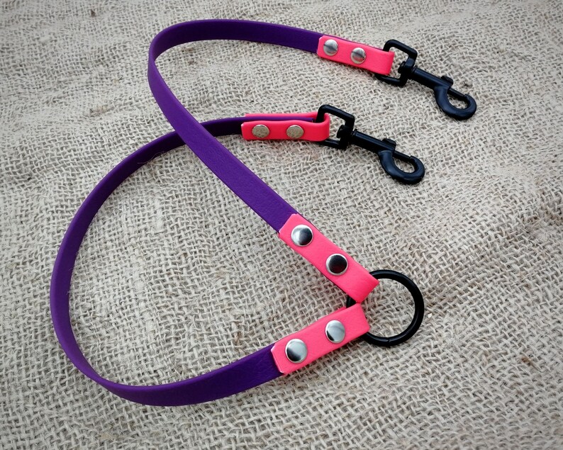 May include: A purple and pink dog lead with black metal clasps and a black metal ring. The lead is made of a flexible, durable material. The pink accents are secured with silver rivets.