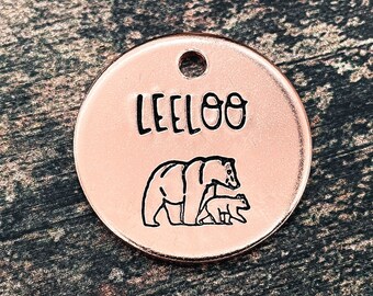 Bear dog tag, cute dog tag for small dogs, hand stamped metal tag with 2 phone numbers or 'microchipped', dog tag for dogs personalized