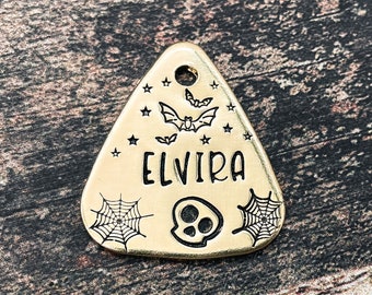 Spooky dog tag, guitar pick dog tag, halloween pet tag with bats, double-sided dog id tag with 2 phone numbers or microchipped, hand-stamped