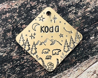 Bear dog tag hand-stamped, double-sided square dog tag with bear family and mountains, cute dog id tag with 2 phone numbers or microchipped