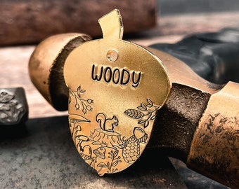 Forest dog tag acorn with squirrel design, engraved custom pet id tag for dogs hand-stamped fall dog tag with 2 phone numbers