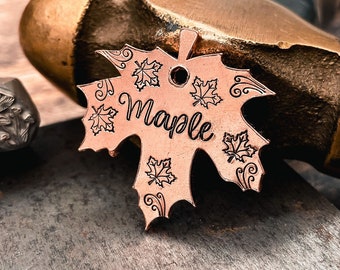 Maple leaf dog tag personalized with 2 phone numbers, engraved custom pet id tag for dogs hand-stamped fall dog tag