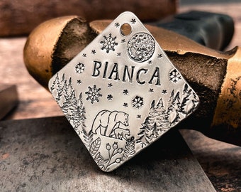 Custom pet name tag square bear dog tag dog collar charm with phone numbers and address handmade dog gift