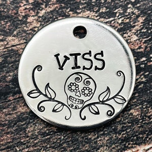 Skull dog tag, double-sided boy pet tag with up to 2 phone numbers, Halloween dog id tag personalized with 2 phone numbers, dog gift idea