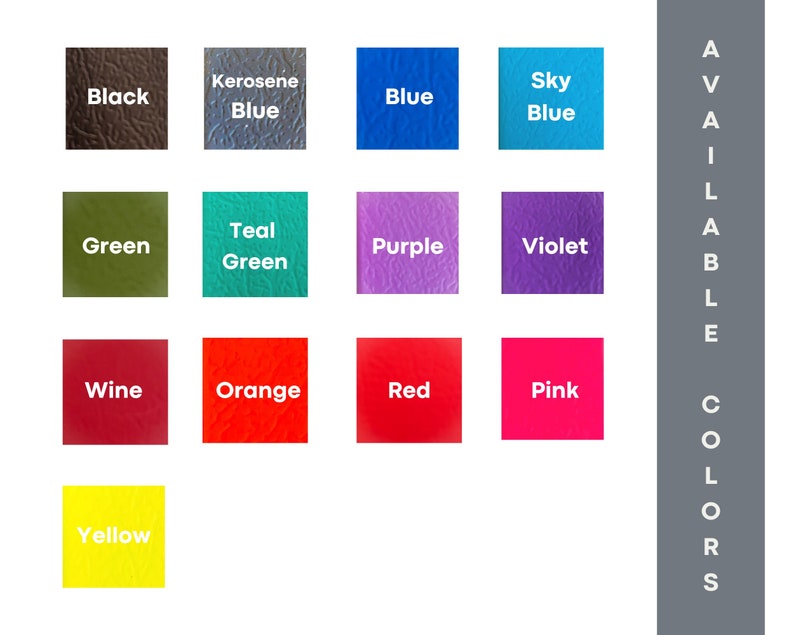 May include: A chart displaying 14 leather colours available for purchase. The colours are: black, kerosene blue, blue, sky blue, green, teal green, purple, violet, wine, orange, red, pink, and yellow.