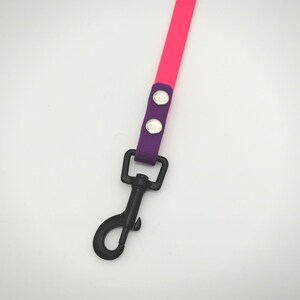 May include: A dog lead with a bright pink strap, connected to a purple section with silver rivets. It has a black metal clasp. The design is simple and modern, suitable for pet owners.