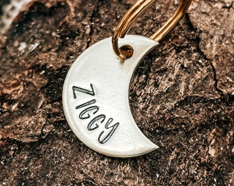 Cat tag small, mini moon pet id tag minimalist, hand stamped double-sided pet tag with phone number