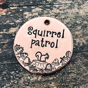 cute dog tag for dogs with squirrel patrol and forrest design