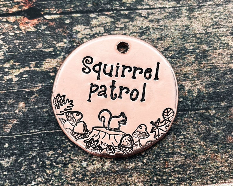 cute dog tag for dogs with squirrel patrol and forrest design