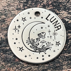 Moon dog tag engraved with mushroom design dog tag for dogs personalized double-sided metal dog tag with 2 phone numbers handmade gift idea image 1