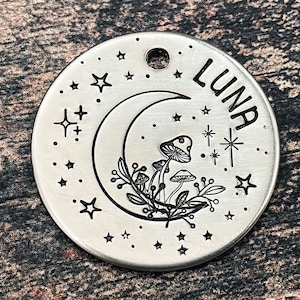Moon dog tag engraved with mushroom design dog tag for dogs personalized double-sided metal dog tag with 2 phone numbers handmade gift idea