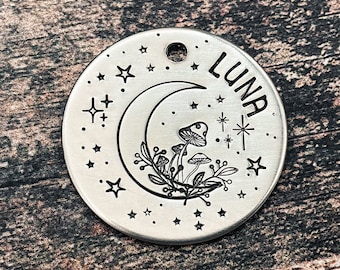 Moon dog tag engraved with mushroom design dog tag for dogs personalized double-sided metal dog tag with 2 phone numbers handmade gift idea