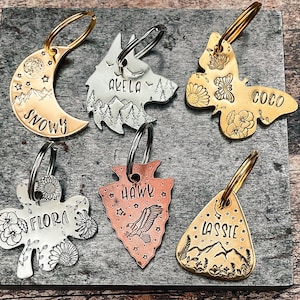 Engraved dog tag hand-stamped dog name tag custom pet name tags with phone number moon shamrock wolf arrowhead  bee handmade dog gift